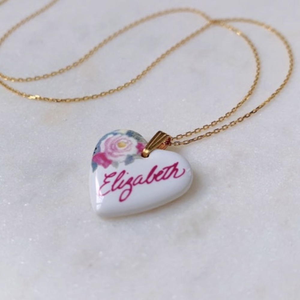 Elizabeth Heart Charm VTG Rose Pendant Necklace